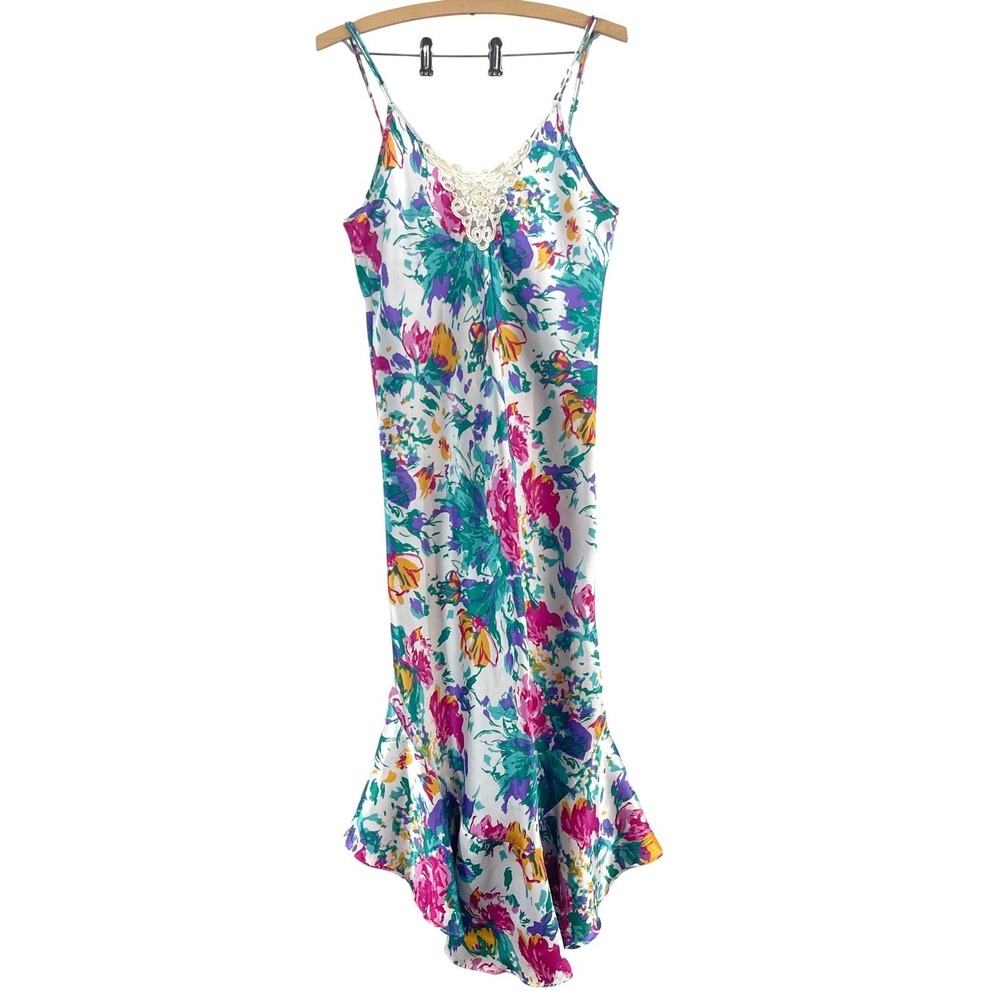 Vintage 80s Nightgown Slip Dress XS Satin Floral Lace Ruffle Coquette Fairy Midi